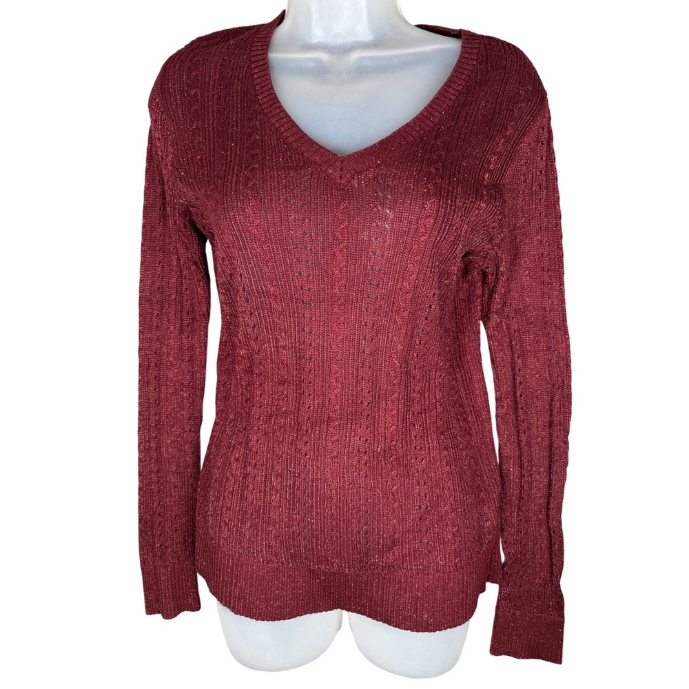 Banana Republic Metallic Knit Sweater Small Burgundy V Neck Preppy Shimmer Top
